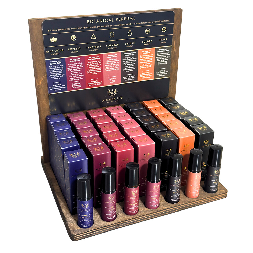 Ananda Life Botanical Perfume STAND incl. wooden display stand, cardboard POS header board and 1 x tester of each botanical perfum