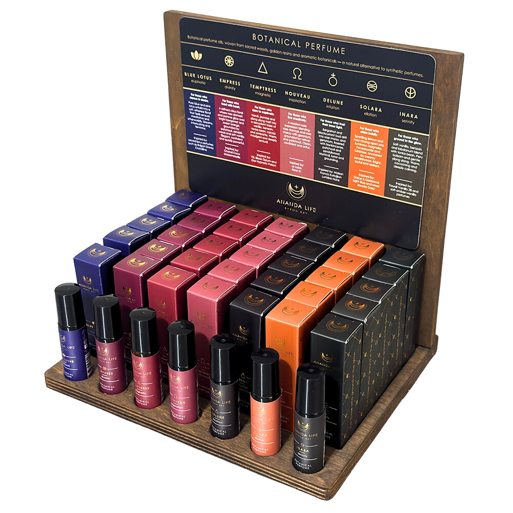 Ananda Life Botanical Perfume STAND incl. wooden display stand, cardboard POS header board and 1 x tester of each botanical perfum