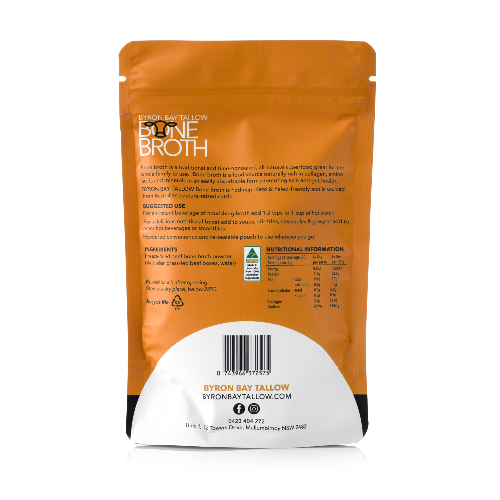 Grass Fed Bone Broth (Freeze Dried) Pouch