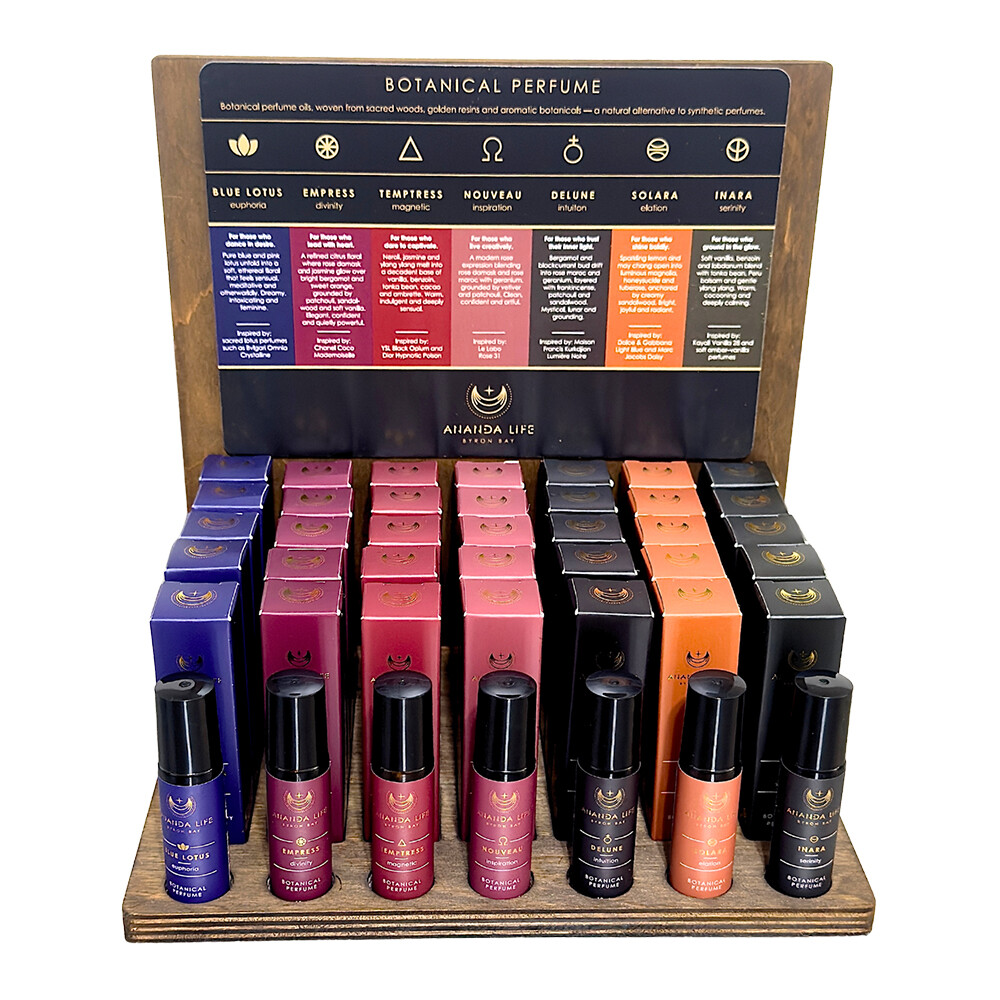 Ananda Life Botanical Perfume STAND incl. wooden display stand, cardboard POS header board and 1 x tester of each botanical perfum